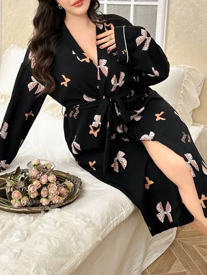 Plus Size Bubble Crinkle Bow Print Bathrobe, Fall, Cozy Outfit