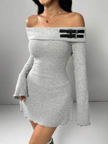 SHEIN EZwear 女士扣饰露肩长袖休闲中长连衣裙 - 灰色 - 查看 5