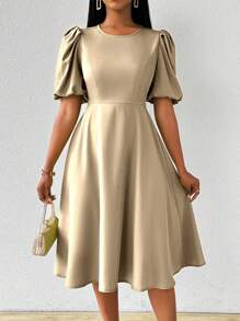 Lunelith SHEIN Lunessa Váy midi xanh cổ tròn, tay bồng và xòe cho nữ, xuân/hè - Màu be - Xem 7