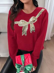 SHEIN LUNE Plus Size Women's Black Round Neck Long Sleeve Gold Sequin Shiny Bowknot Decoration Pullover Sweater, Casual For Holidays, Parties, Versatile, Christmas