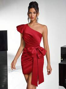 Glamrae Elegant Asymmetric Ruffle Side Bow Split Hem Bodycon Red Dress, Suitable For Dates, Parties, Cocktail, Weddings And Events, Wedding Guest Dress, Party Dress - Red - View 1