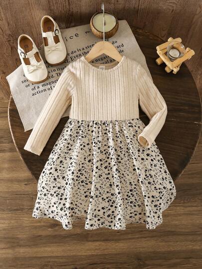 SHEIN LMoss Kids LMoss 少女针织纯色拼布花卉休闲 A 字裙 舒适柔软服装 适合幼儿和小女孩