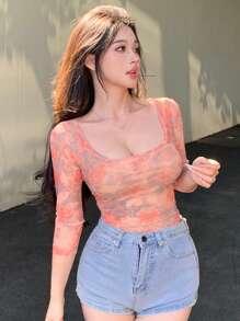 DAZY Áo thun cổ tròn lưới họa tiết hoa nhỏ xinh dành cho nữ, thích hợp cho ngày lễ tình nhân, quần áo mùa thu - Đỏ - Xem 10