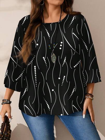 EMERY ROSE Plus Size Women Casual All-Over Print Round Neck Loose 3/4 Sleeve Blouse Fall Clothes Chic Blouses For Women