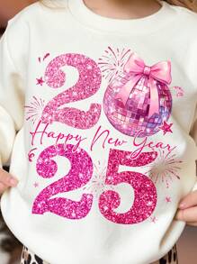 SHEIN Leap Crew Happy New Year 2025! Baby Girl Pink Printed Soft Knit Crew Neck Loose Fit Thick Hoodie Sweatshirt, Suitable For Autumn/Winter - White - View 4