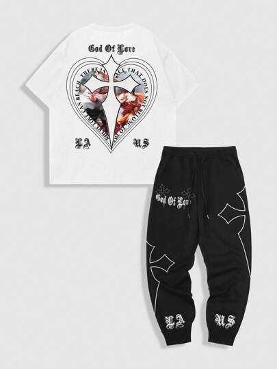 Street Life Ensemble t-shirt décontracté à manches courtes et col rond avec imprimé lettres et pantalon pour hommes