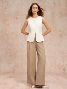 Poéselle 女士纯色圆领无袖单排扣休闲衬衫 - 白色 - 查看 5