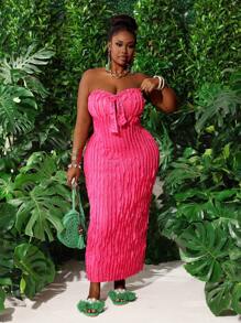 Slaydiva 大码优雅、派对、约会、性感合身纯色紫红色露肩前系带透明面料连衣裙，春夏