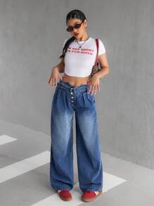 SHEIN EZwear Women's Simple Front Buttoned Jeans, Casual Daily Wear - Light Wash - View 2