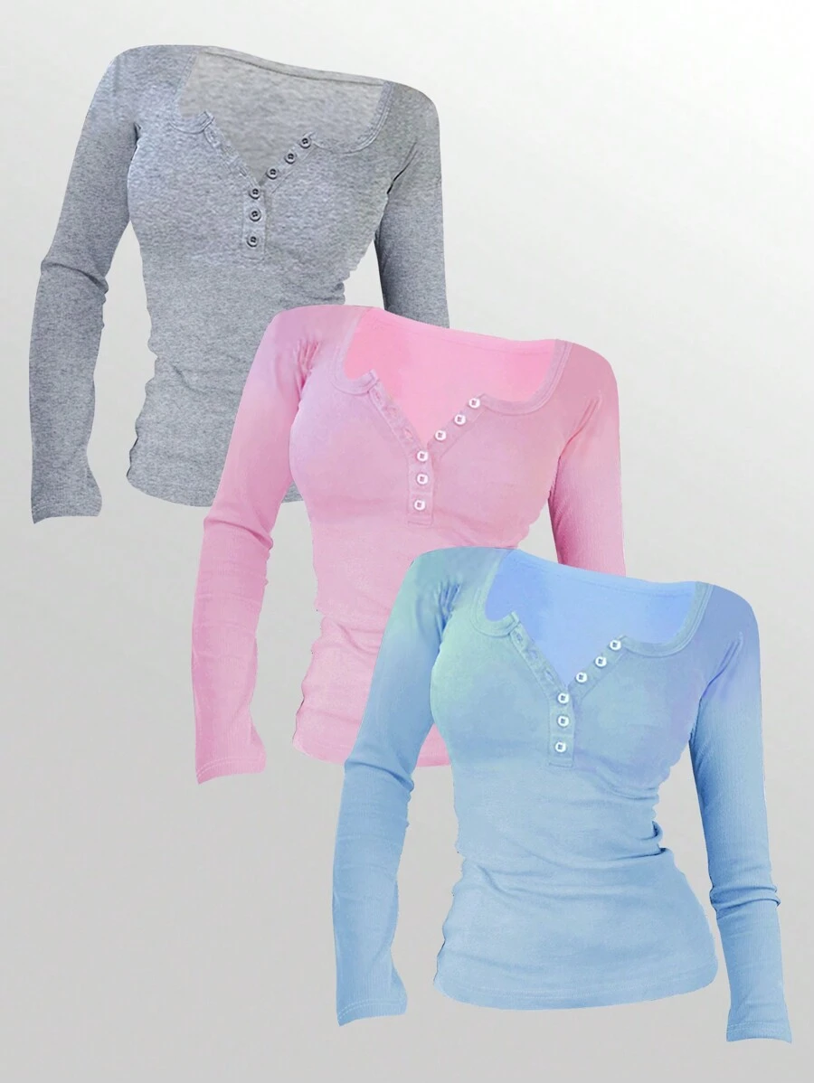 INAWLY 女式纯色纽扣圆领长袖休闲 T 恤，秋季 - 彩色 - 查看 1