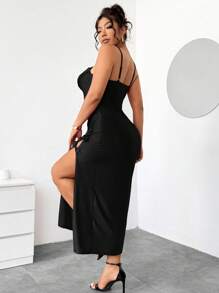 Elenzga Elegante vestido de fiesta con escote pronunciado y abertura alta para mujer de talla grande con decoración de moño