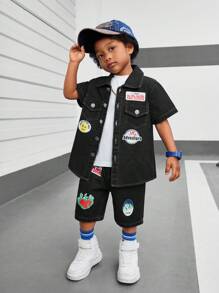 SHEIN 3pcs/Set Young Boy Summer Casual Outfit: Sleeveless Vest, Badge Printed Denim Shirt, Denim Shorts,Holiday,Summer,Travel - Black - View 1