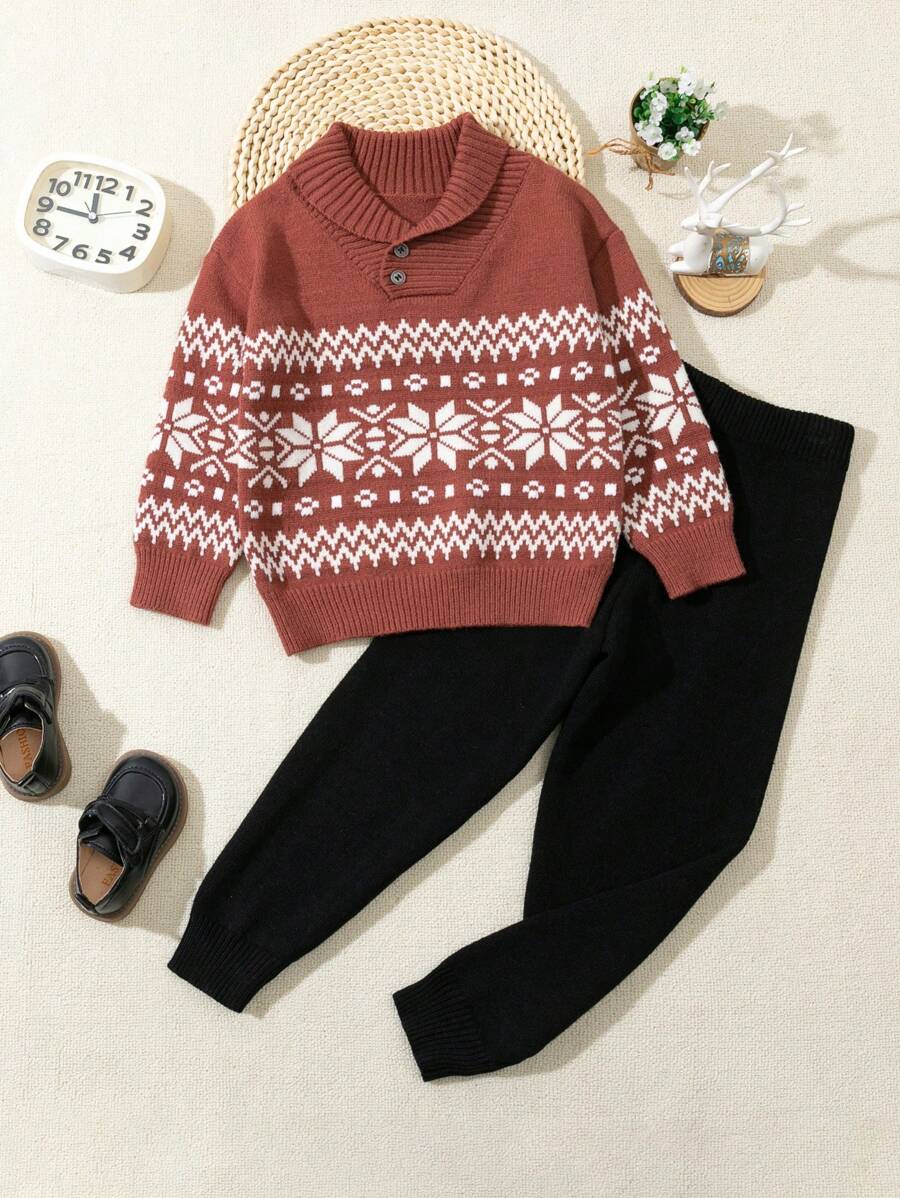 SHEIN 男童学院风针织提花毛衣套装，秋冬 - 咖啡棕 - 查看 1