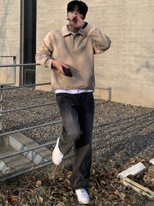 DAZY Men's Polo Collar Small Pattern Embroidered Pullover Sweatshirt - Khaki - View 8