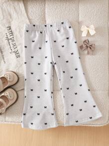SHEIN Baby Girl Fashionable Sweatshirt With Bow Print & Flared Pants For Spring/Autumn - Grey - View 1