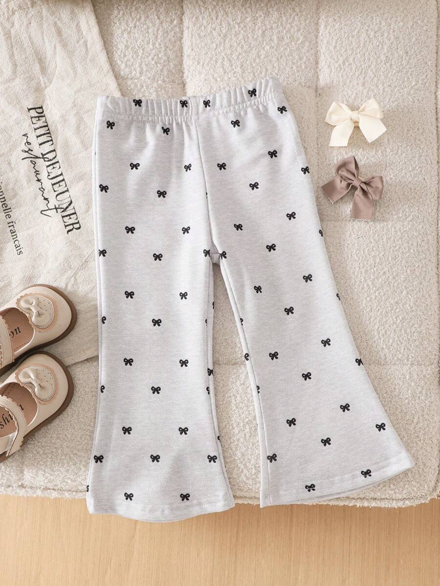 SHEIN Baby Girl Fashionable Sweatshirt With Bow Print & Flared Pants For Spring/Autumn - Grey - View 1