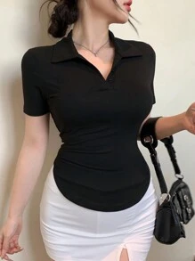 DAZY 女士纯色 Polo 领短袖修身衬衫，休闲日常穿着夏季长袖女上衣 - 黑色 - 查看 4
