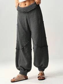 Bohemela Loose High Waisted Drawstring Hem Women's Knit Pants For Vacation In Fall/Winter - Dark Grey - View 4