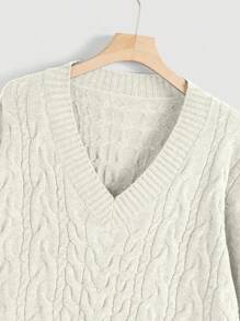 Flirla 大码女式纯色 V 领落肩长袖休闲套头毛衣，秋冬款 - 杏色 - 查看 3