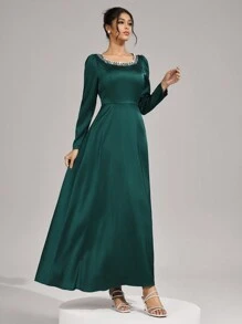 SHEIN Belle New Elegant Solid Color Beaded Decor Long Sleeve Waist Cinching Slim Fit Dress Luxury Evening Gown, Sequin And Pearl Cuff Design, Elegant Party Dress For Ladies, Long Sleeve Formal Dress, For Wedding Guest, Graduation, Dinner, Prom Dress