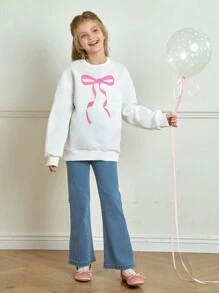 SHEIN 2 件套青少年女孩蝴蝶结运动衫和喇叭牛仔裤，休闲公主芭蕾风格