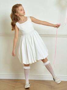 SHEIN Tween Girls Elegant Minimalist Knitted Ruffle White Dress, Suitable For Summer And Spring Wear, Great For Dates, And Vacations - White - View 3