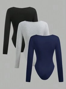 SHEIN EZwear 3pcs/Set Women Solid Color Long Sleeve Casual Bodysuit With Square Neck