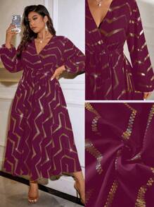 Allurite Cross Collar Waisted Dropped Shoulder Long Sleeve Puff Sleeve Tie-Up Heavy Foiled Random Cut Dress - Burgundy - View 1