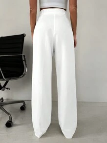 SHEIN Tall Women's Solid Seam Slant Pocket Casual Wide Leg Pants - White - View 2