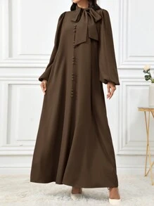 Al Najma 女士优雅纯色灯笼袖系带领阿拉伯连衣裙，适合秋季，朴素优雅的 A 字型阿拉伯连衣裙，适合休闲日常