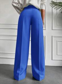 EURMUSE Solid Slant Pocket Wide Leg Suit Pants - Dusty Blue - View 2