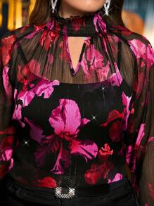 Gownix 大码女式优雅锁孔领花卉印花雪纺衬衫，新年女装，情人节 - 玫紅色 - 查看 7