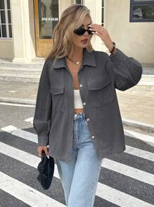 SHEIN Frenchy Women's Solid Color Drop Shoulder Long Sleeve Utility Pocket Regular Jacket, Autumn Winter - Dark Grey - View 3