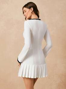 Poéselle 女士撞色镶边圆领长袖口袋褶皱连衣裙