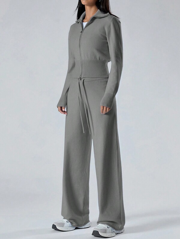 LYSMO Women 2pcs Set: Solid Color Long Sleeve Zipper Cardigan And Long Pants, Casual Knitwear Autumn/Winter