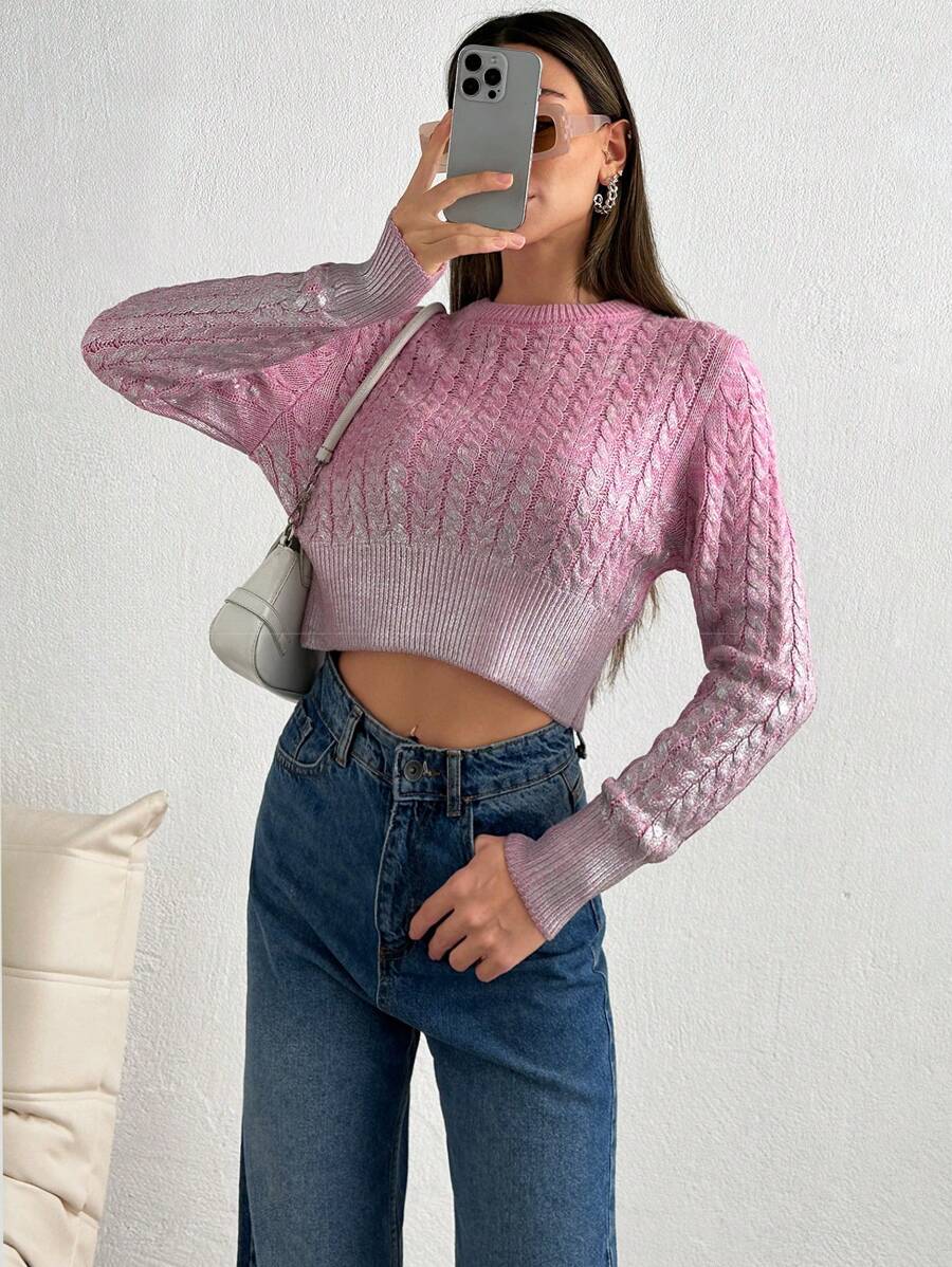 SHEIN Tall 女士箔印花圆领针织长袖粉色和银色图案毛衣套头衫 - 彩色 - 查看 1