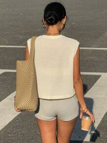 Siren Gaze Camiseta de tirantes de mujer con patrón de gofre blanco, estilo casual de vacaciones, adecuada para primavera/verano, estilo de vacaciones versátil - Multicolor - Ver 2