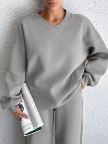 EURMUSE Solid Color Oversized Drop Shoulder Sweatshirt & Sweatpants Set - Grey - View 5