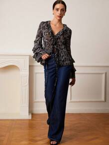 Aveloria Rosie Casual Leopard Print Ruffle Sleeve Tie Front Sheer Chiffon Blouse, Lightweight For Spring & Summer - Multicolor - View 3