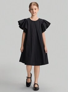 Ontre 简约建筑荷叶边袖 A 字裙，黑色，适合少女的极简主义设计，适合外出、上学、聚会、春夏季 - 黑色 - 查看 5