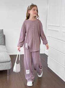 SHEIN 2 pezzi set da ragazza pre-adolescente composto da maglia girocollo ampia con costine e tinta unita, con applicazioni, e pantaloni abbinati con vita elastica, adatto per uso quotidiano, casual, scuola, colore rosa antico