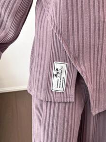 SHEIN 2 pezzi set da ragazza pre-adolescente composto da maglia girocollo ampia con costine e tinta unita, con applicazioni, e pantaloni abbinati con vita elastica, adatto per uso quotidiano, casual, scuola, colore rosa antico
