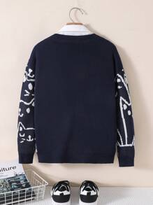 Tween Boys' Casual Cartoon Pattern Round Neck Pullover Long Sleeve Knit Sweater