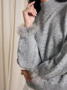 AiiRZ 奢华针织立领毛衣羽毛袖口细节冬季节日派对优雅套头衫家居服经典毛衣舒适长袖针织衫 - 灰色 - 查看 4