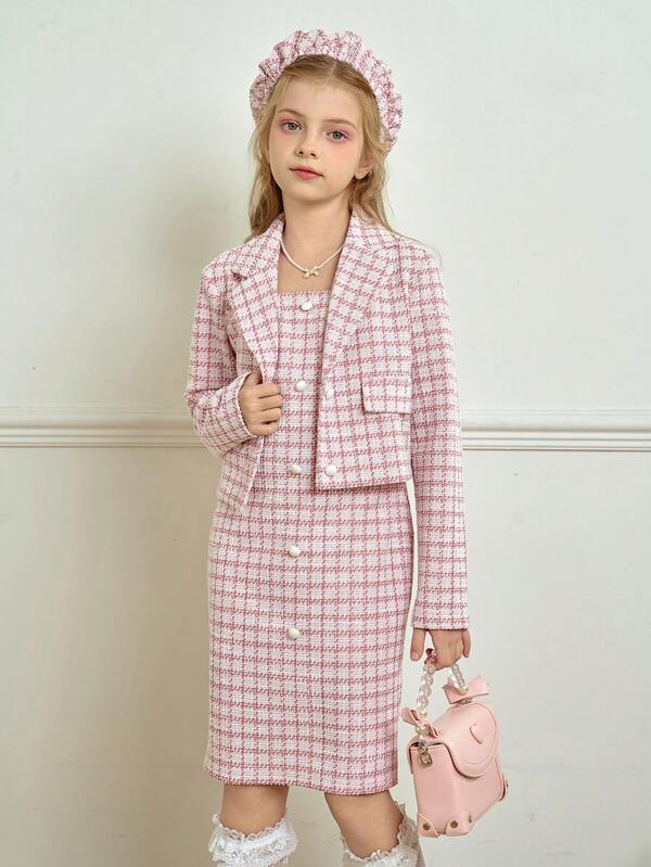 2pcs/Set Tween Girl Elegant Herringbone Plaid Blazer Jacket & Fitted Slip Dressholiday,Summer,Travel,Getaway