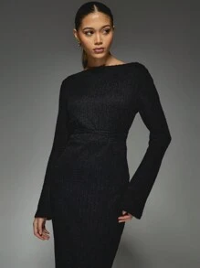 MISSGUIDED Rib Knit Boat Neck Long Sleeves Maxi Dress - Black - View 3