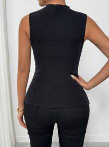 RosyDaze Top sin mangas de cuello alto de malla negra con brillo y empalmado, Vestido elegante de fiesta para invierno