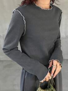 FRIFUL Women Autumn Round Neck Long Sleeve Ribbed Casual Versatile T-Shirt