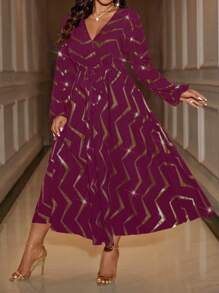 Allurite Cross Collar Waisted Dropped Shoulder Long Sleeve Puff Sleeve Tie-Up Heavy Foiled Random Cut Dress - Burgundy - View 4