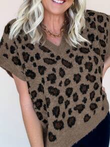 INAWLY Chaleco de mujer con cuello en V y detalle de estampado animal, mangas tipo murciélago